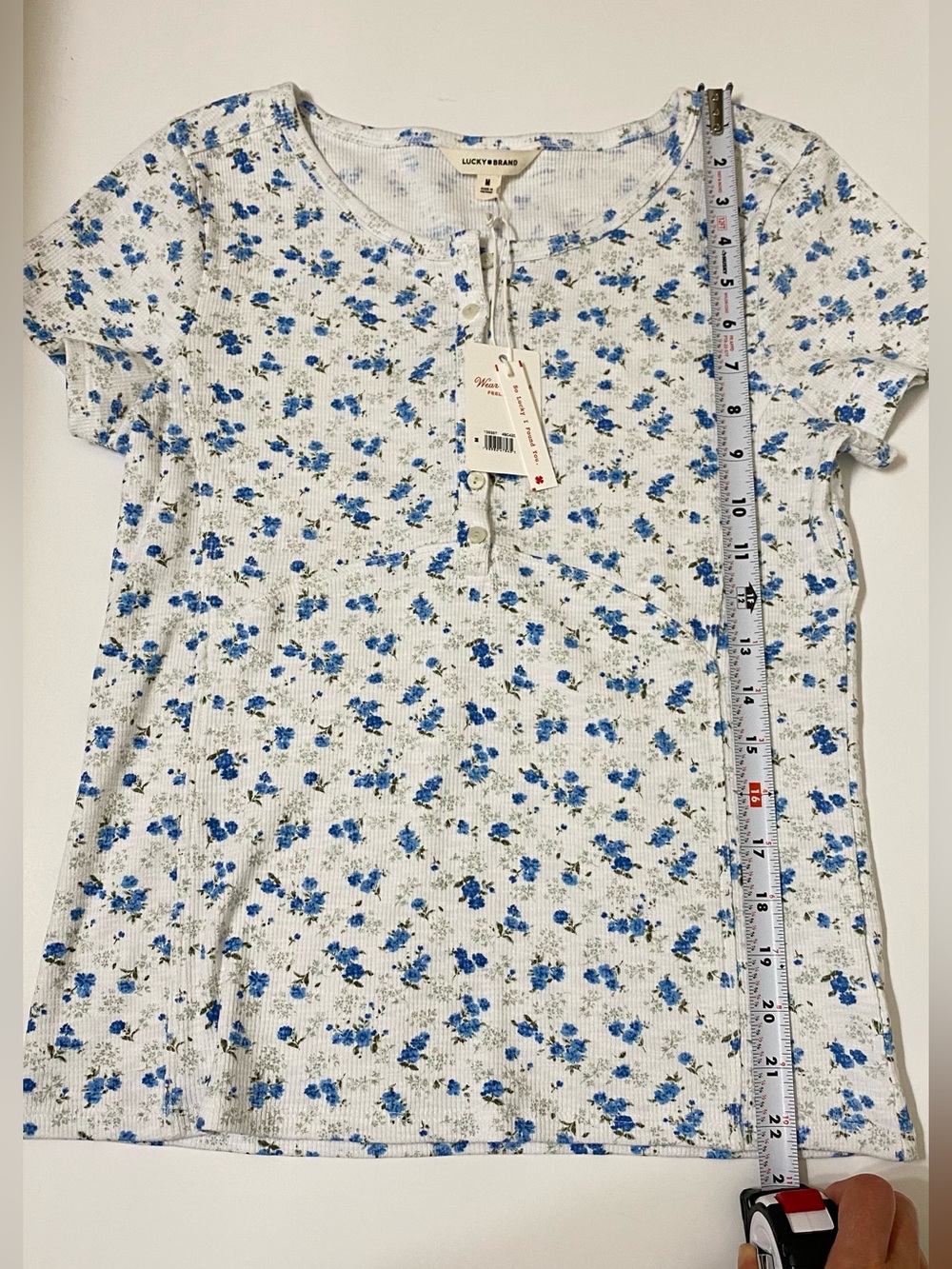 Lucky Brand White Short Sleeve Henley with Blue Floral Print - Picture 5 of 10